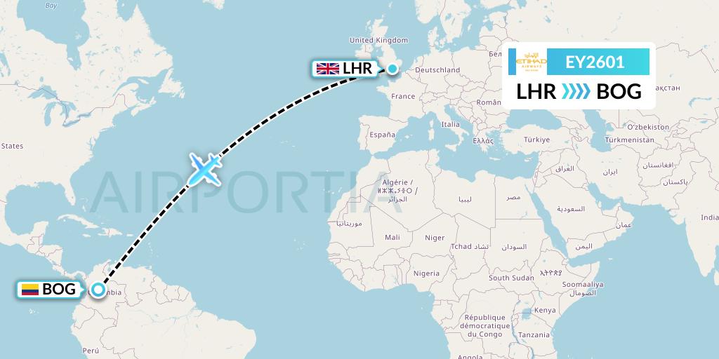 EY2601 Etihad Airways Flight Map: London to Bogota