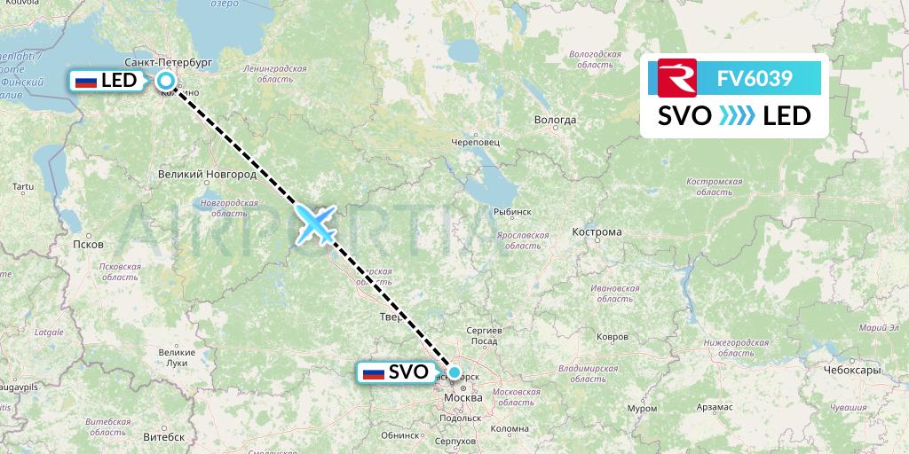 FV6039 Rossiya Flight Map: Moscow to St. Petersburg