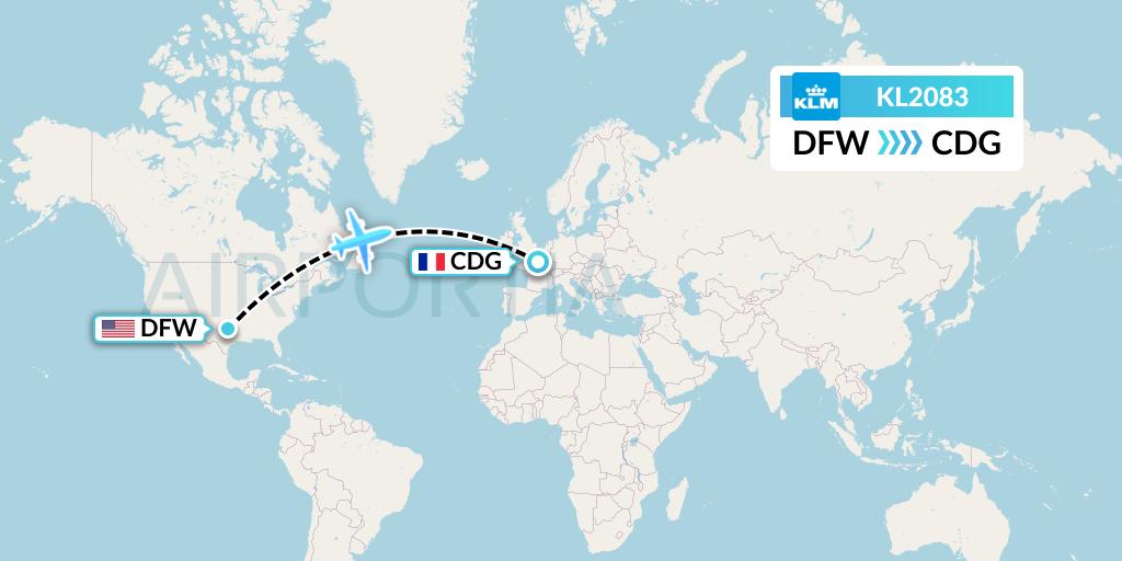 KL2083 KLM Flight Map: Dallas to Paris