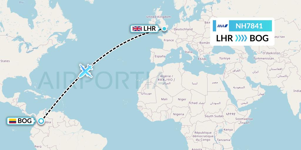 NH7841 All Nippon Airways Flight Map: London to Bogota