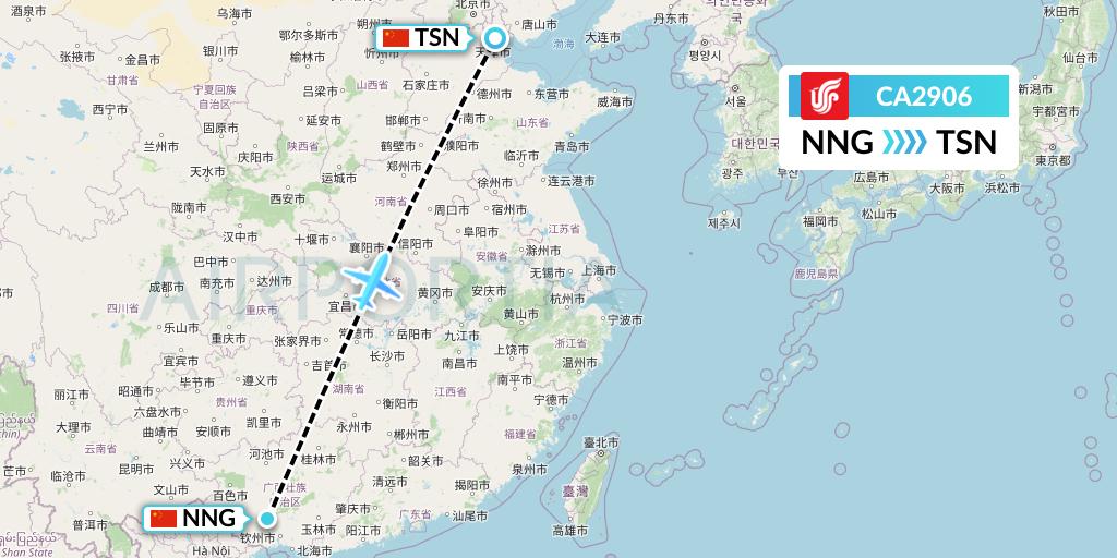 CA2906 Air China Flight Map: Nanning to Tianjin