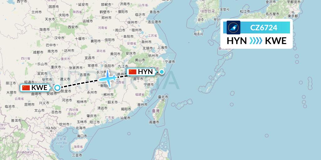 CZ6724 China Southern Airlines Flight Map: Huangyan to Guiyang