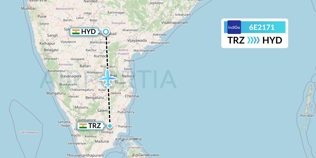 6E2171 IndiGo Airlines Flight Map: Tiruchirapalli to Hyderabad