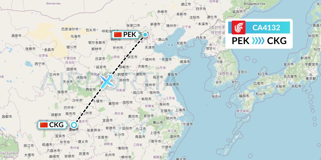 CA4132 Air China Flight Map: Beijing to Chongqing