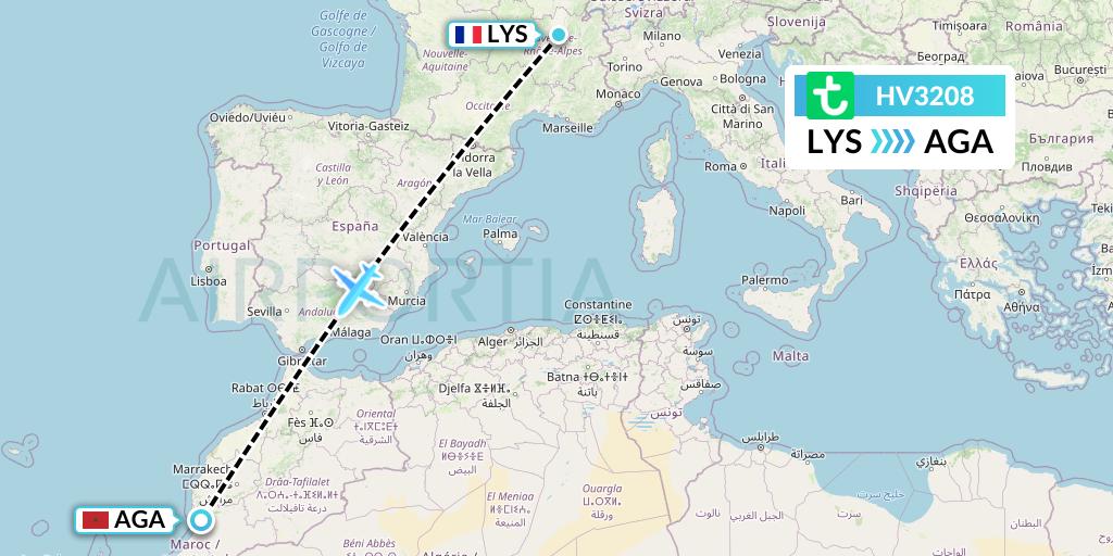 HV3208 Transavia Flight Map: Lyon to Agadir