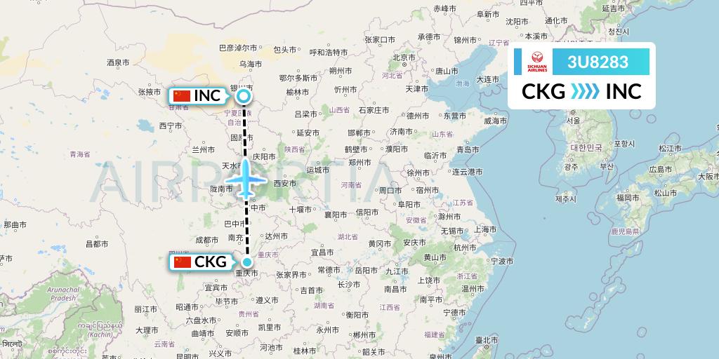 3U8283 Sichuan Airlines Flight Map: Chongqing to Yinchuan
