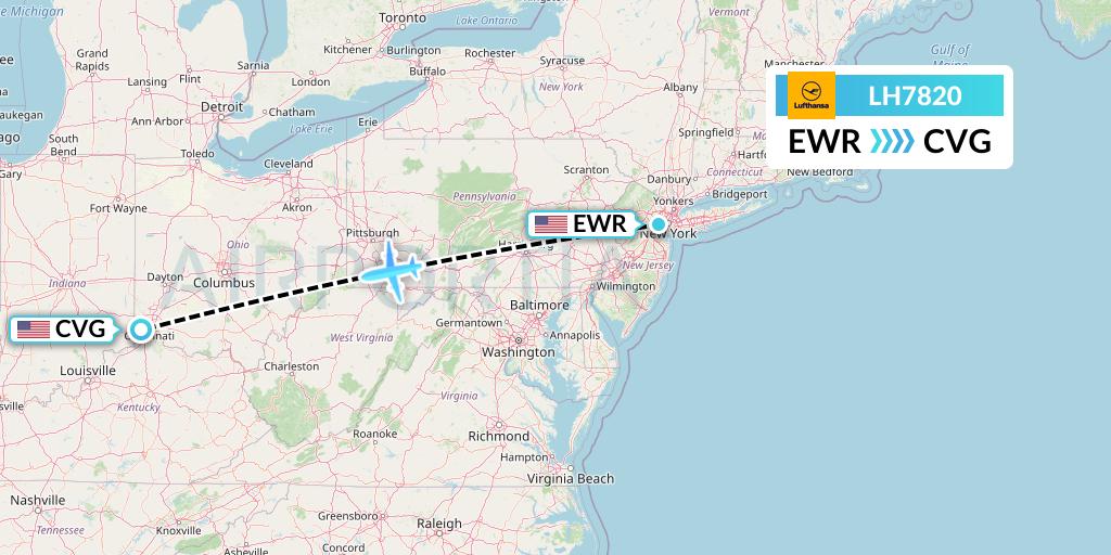 LH7820 Lufthansa Flight Map: New York to Cincinnati