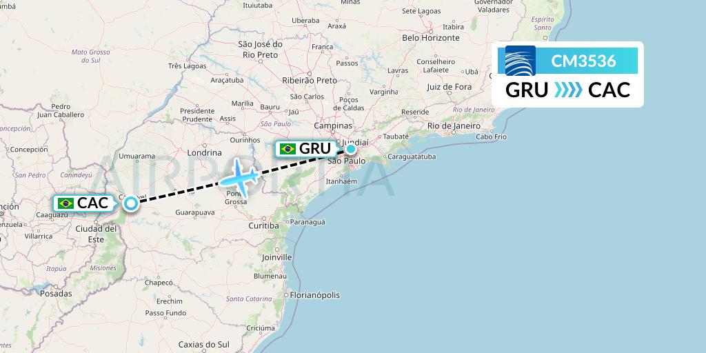 CM3536 Copa Airlines Flight Map: Sao Paulo to Cascavel