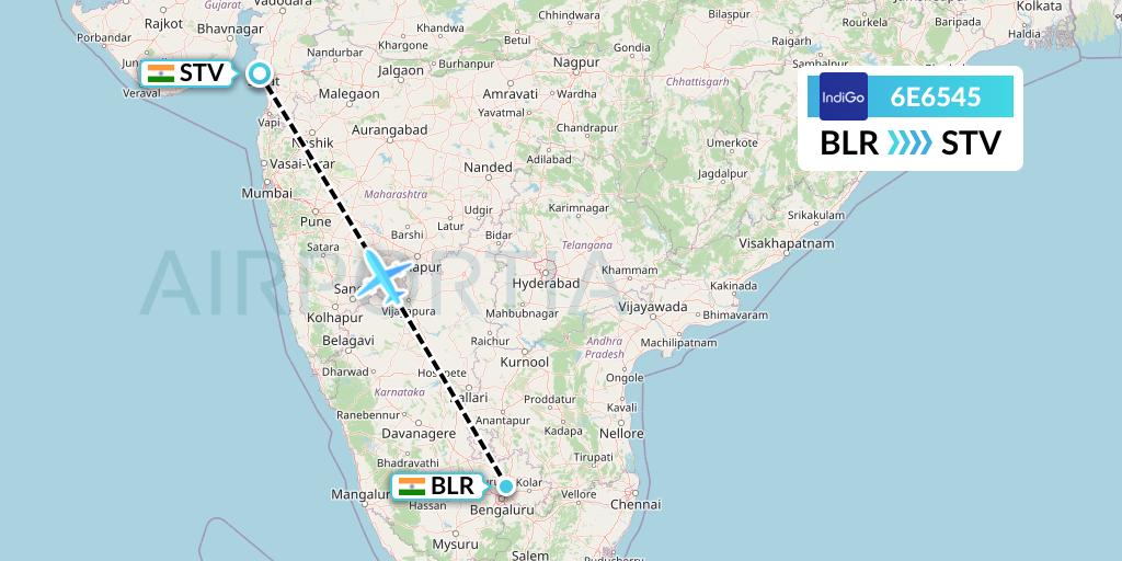 6E6545 IndiGo Airlines Flight Map: Bangalore to Surat