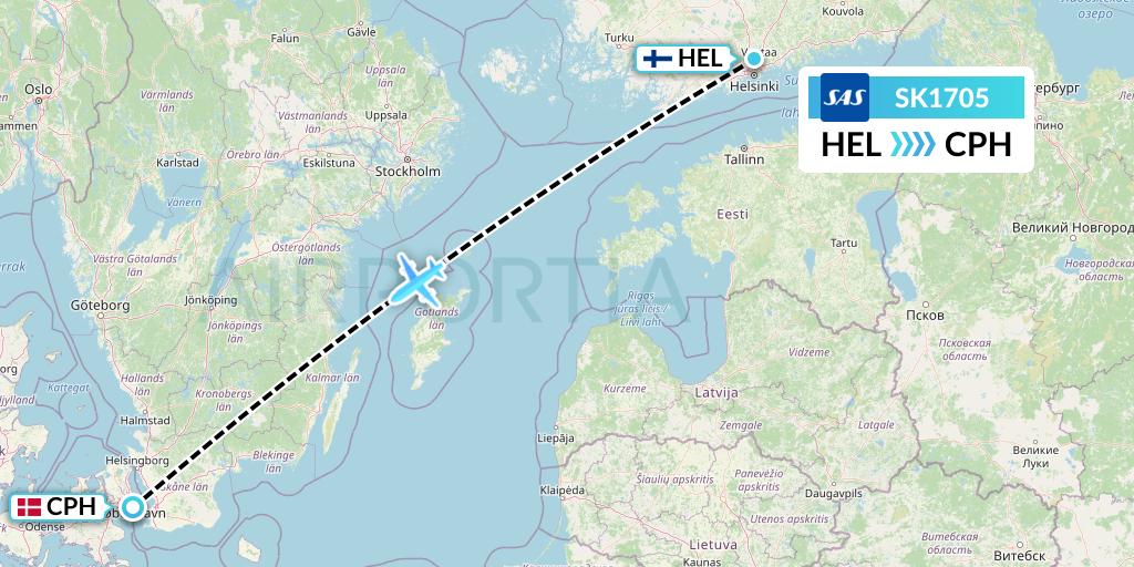 SK1705 SAS Flight Map: Helsinki to Copenhagen