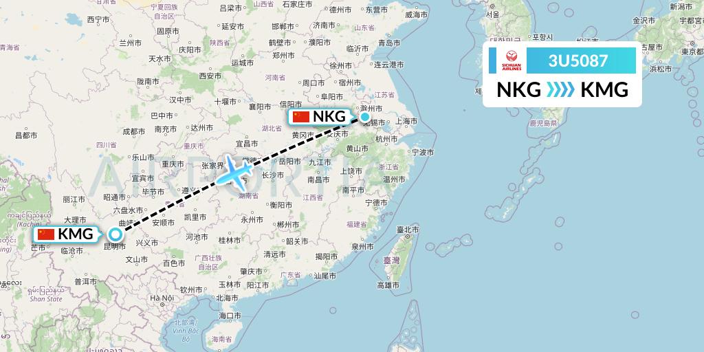 3U5087 Sichuan Airlines Flight Map: Nanjing to Kunming