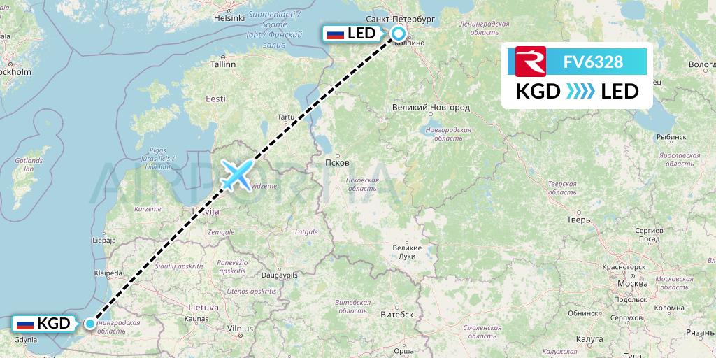 FV6328 Rossiya Flight Map: Kaliningrad to St. Petersburg