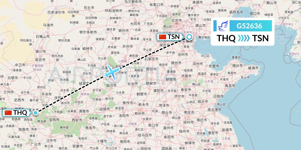 G52636 China Express Airlines Flight Map: Tianshui to Tianjin