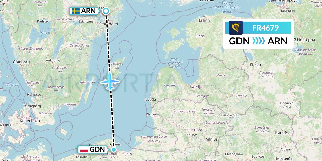 FR4679 Ryanair Flight Map: Gdansk to Stockholm