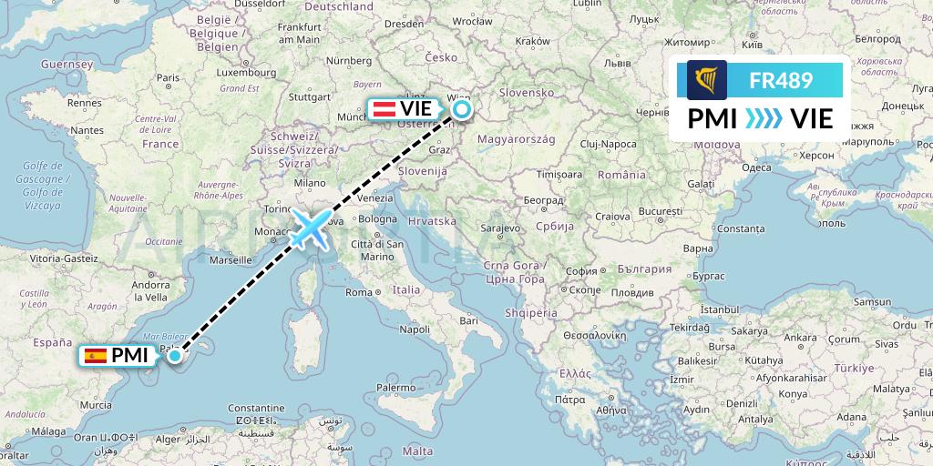 FR489 Ryanair Flight Map: Palma de Mallorca to Vienna