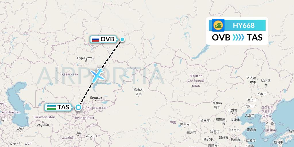 HY668 Uzbekistan Airways Flight Map: Novosibirsk to Tashkent