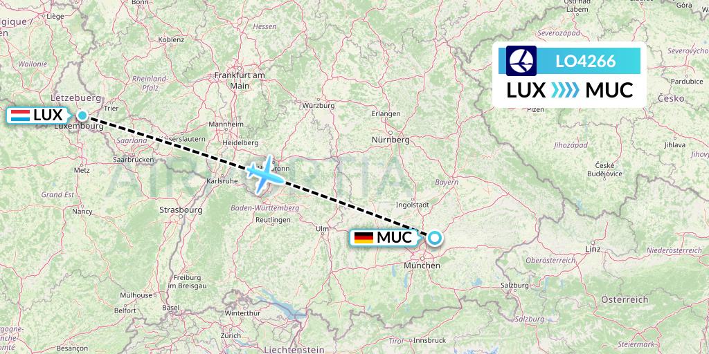 LO4266 LOT Flight Map: Luxembourg to Munich