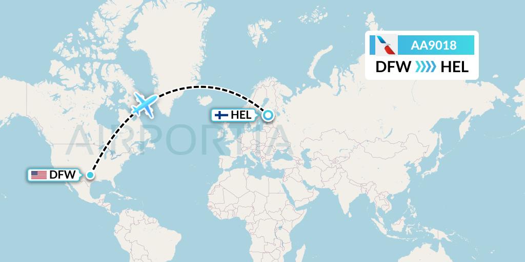 AA9018 American Airlines Flight Map: Dallas to Helsinki