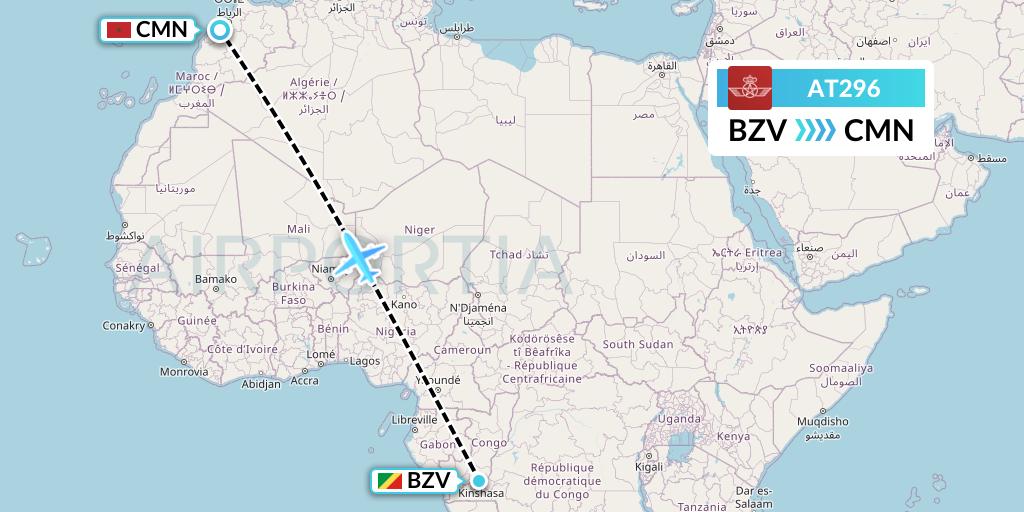 AT296 Royal Air Maroc Flight Map: Brazzaville to Casablanca