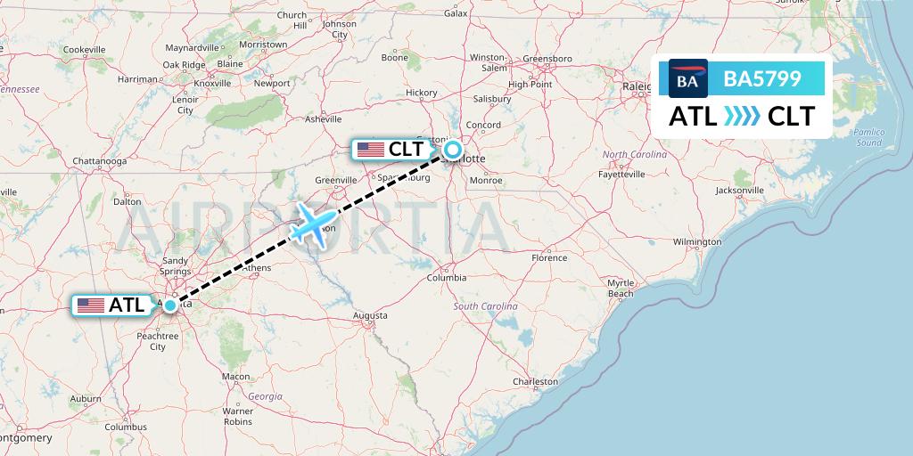 BA5799 British Airways Flight Map: Atlanta to Charlotte