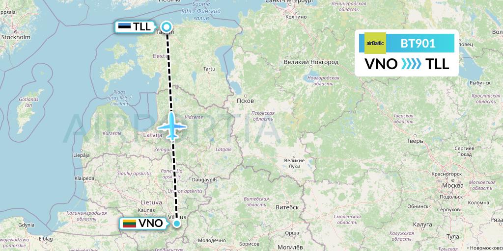 BT901 Air Baltic Flight Map: Vilnius to Tallinn
