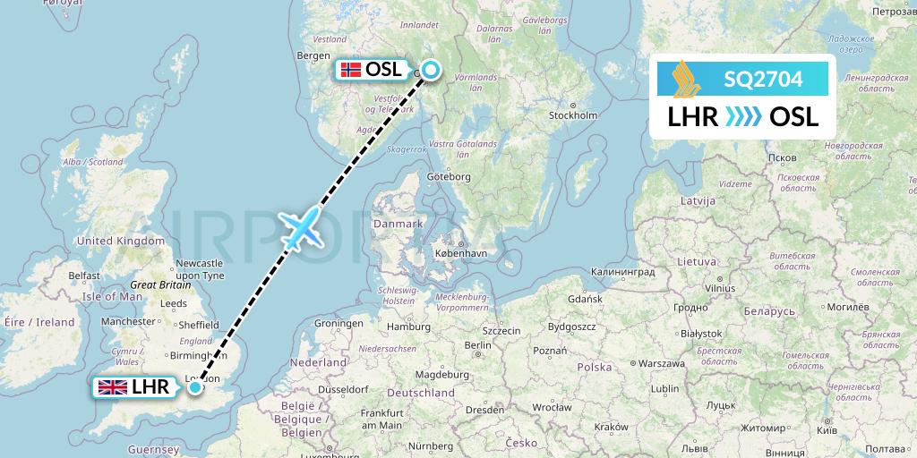 SQ2704 Singapore Airlines Flight Map: London to Oslo
