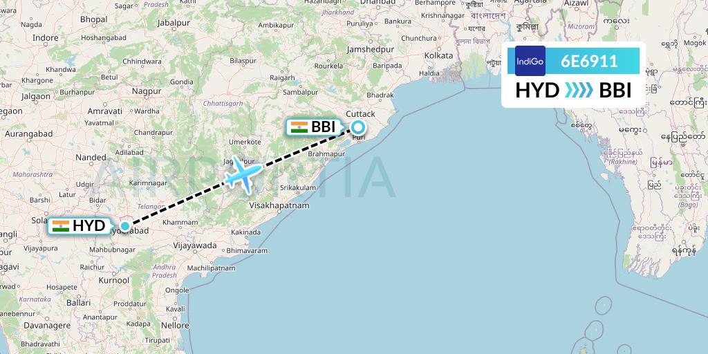 6E6911 IndiGo Airlines Flight Map: Hyderabad to Bhubaneswar