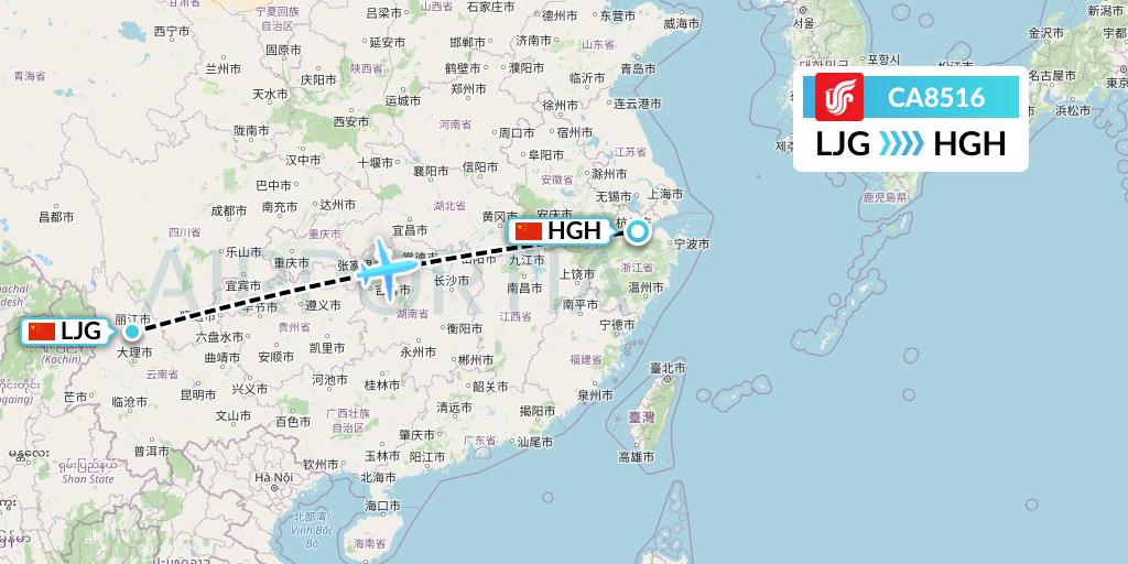 CA8516 Air China Flight Map: Lijiang to Hangzhou