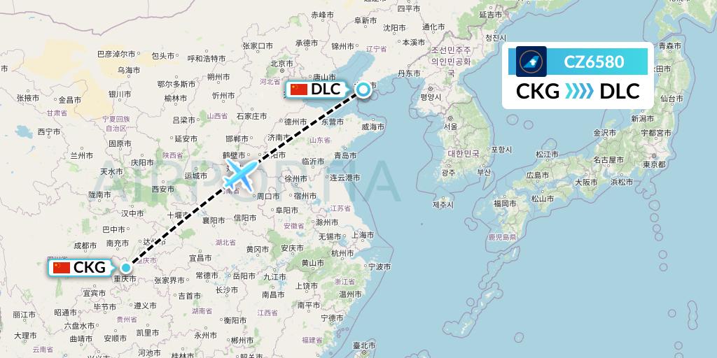 CZ6580 China Southern Airlines Flight Map: Chongqing to Dalian