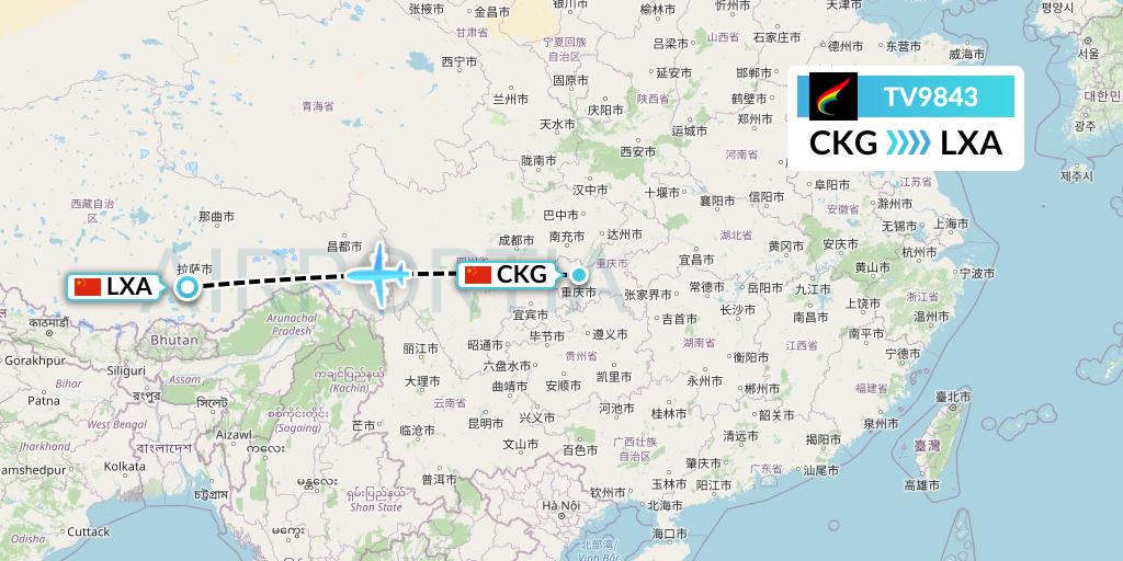 TV9843 Tibet Airlines Flight Map: Chongqing to Lhasa