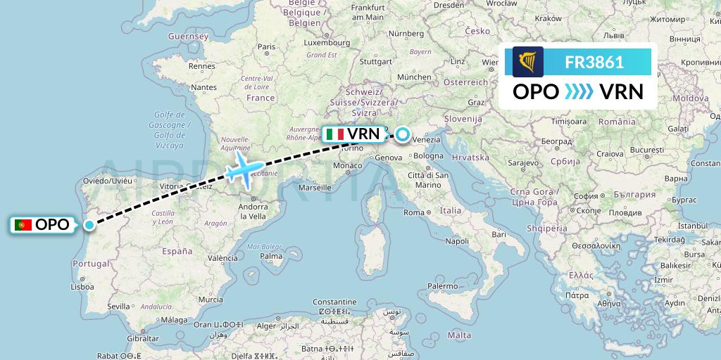 FR3861 Ryanair Flight Map: Porto to Verona