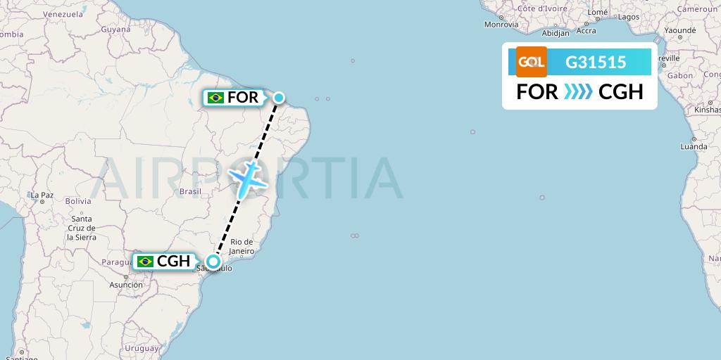 G31515 GOL Transportes Aeros Flight Map: Fortaleza to Sao Paulo