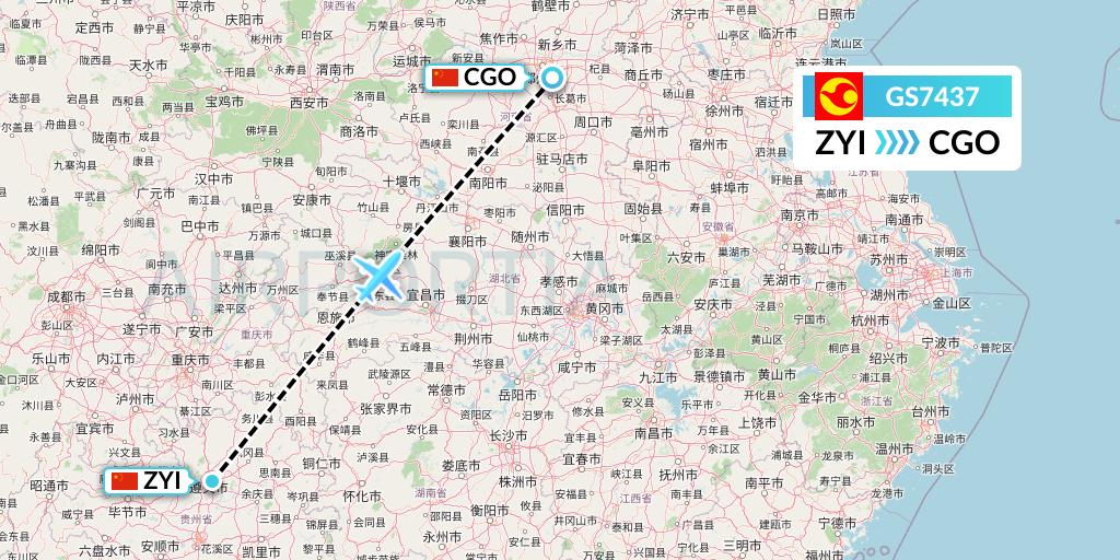 GS7437 Tianjin Airlines Flight Map: Zunyi to Zhengzhou