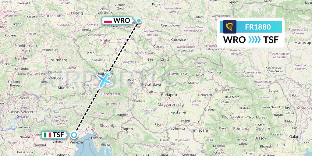 FR1880 Ryanair Flight Map: Wroclaw to Treviso