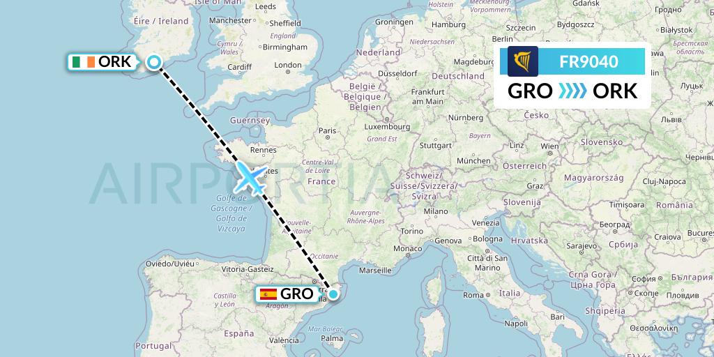 FR9040 Ryanair Flight Map: Girona to Cork