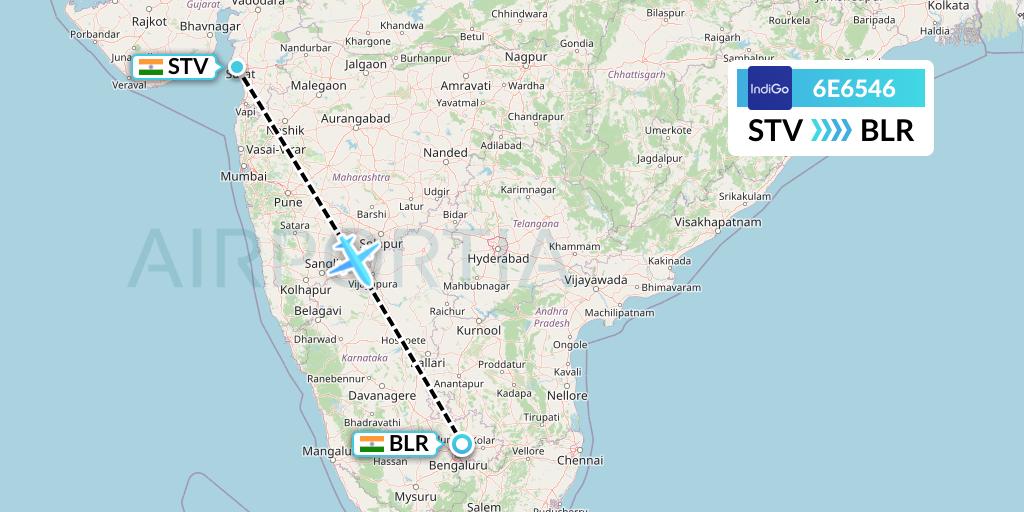 6E6546 IndiGo Airlines Flight Map: Surat to Bangalore