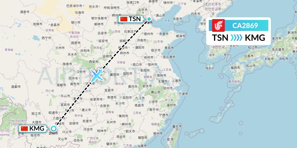 CA2869 Air China Flight Map: Tianjin to Kunming