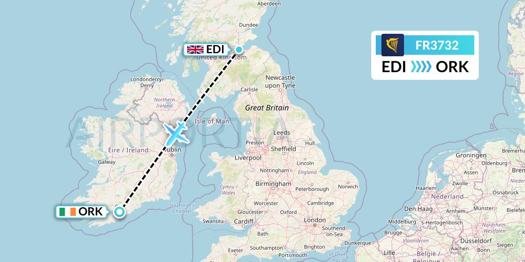 FR3732 Ryanair Flight Map: Edinburgh to Cork