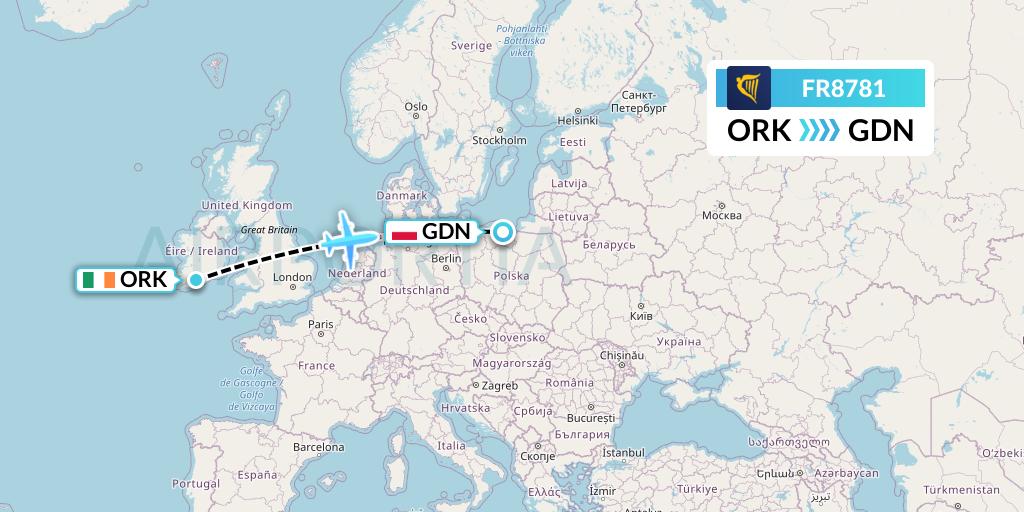 FR8781 Ryanair Flight Map: Cork to Gdansk