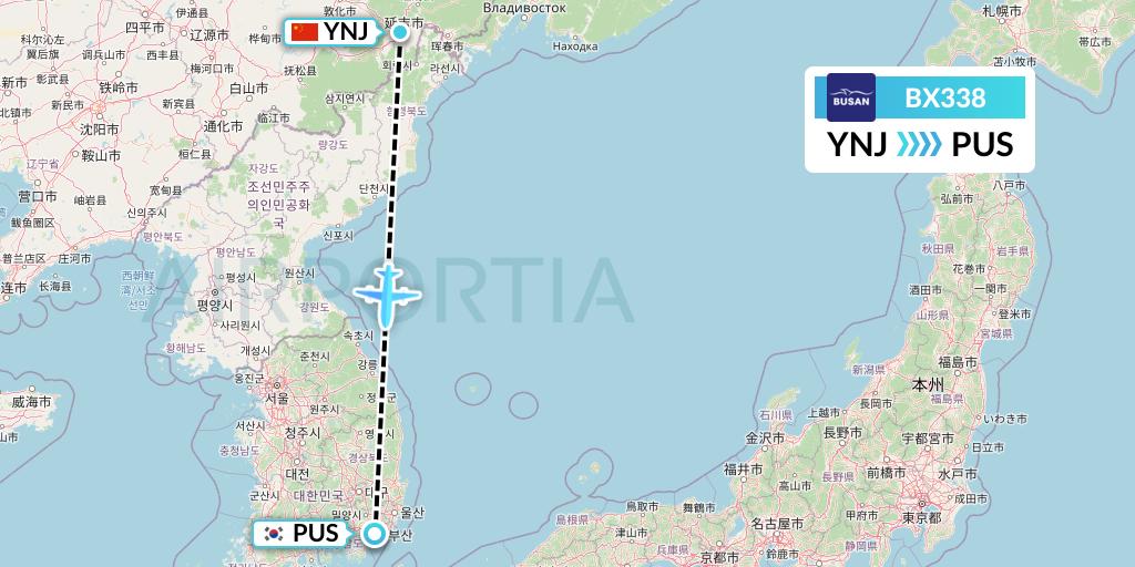 BX338 Air Busan Flight Map: Yanji to Busan