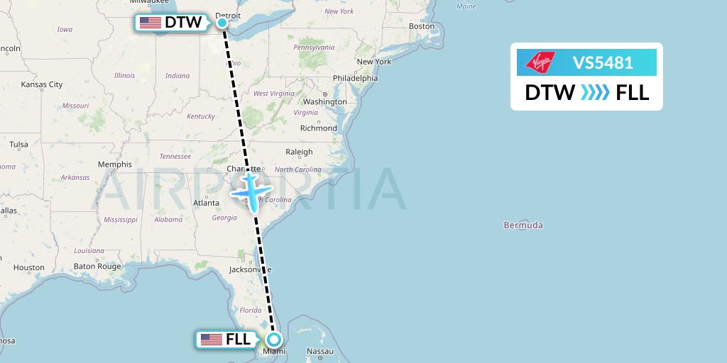 VS5481 Virgin Atlantic Airways Flight Map: Detroit to Fort Lauderdale