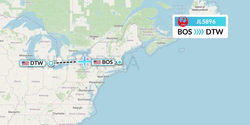 JL5896 Japan Airlines Flight Map: Boston to Detroit