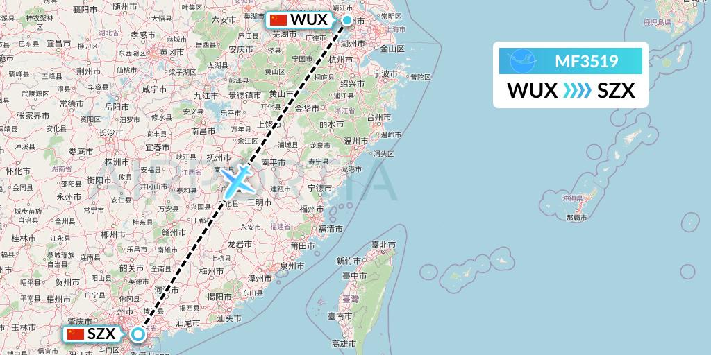 MF3519 Xiamen Airlines Flight Map: Wuxi to Shenzhen