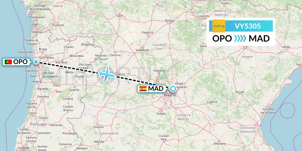 VY5305 Vueling Flight Map: Porto to Madrid