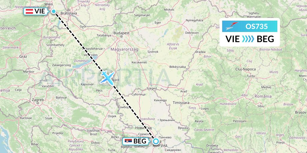OS735 Austrian Airlines Flight Map: Vienna to Belgrade