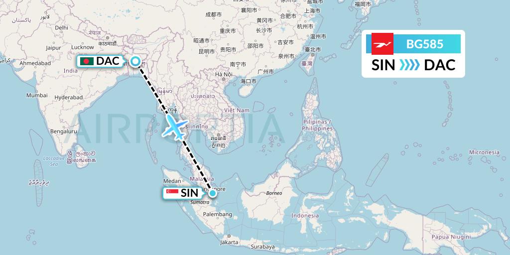 BG585 Biman Bangladesh Airlines Flight Map: Singapore to Dhaka
