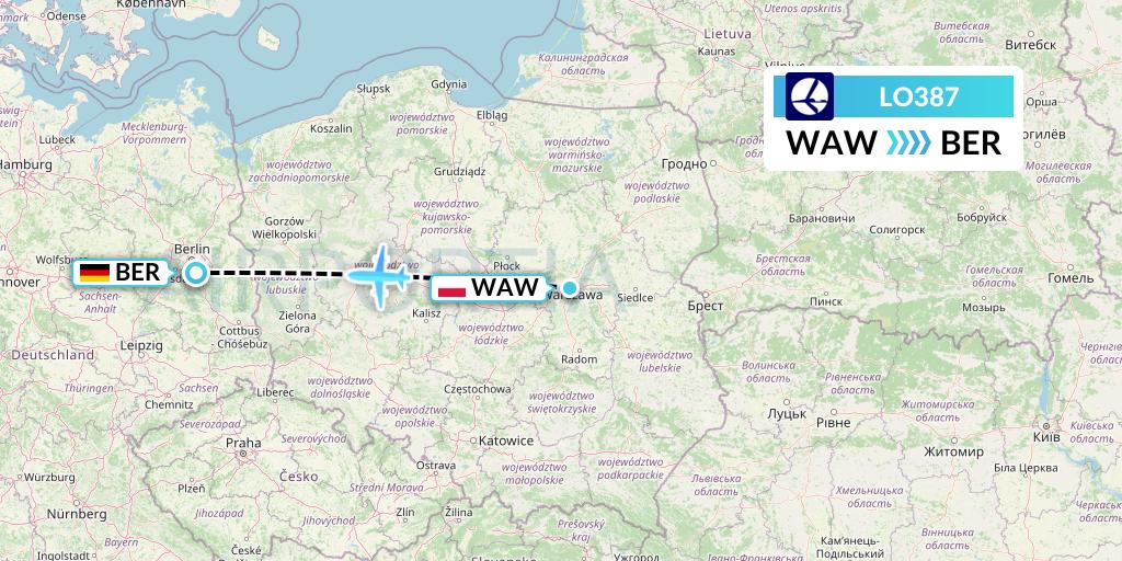 LO387 LOT Flight Map: Warsaw to Berlin