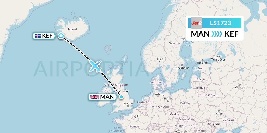 LS1723 Jet2 Flight Map: Manchester to Reykjavik