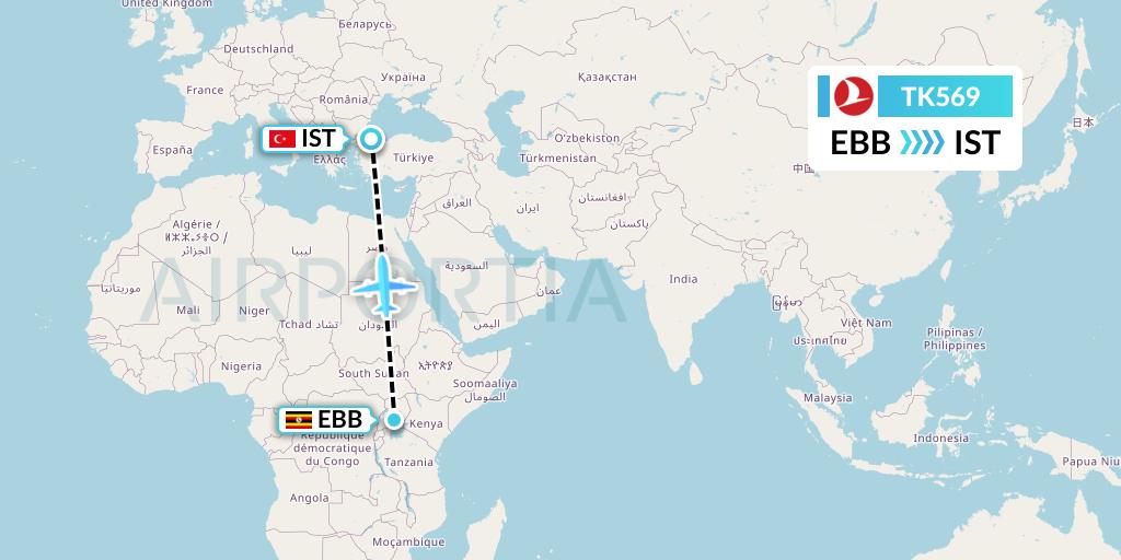 TK569 Turkish Airlines Flight Map: Entebbe to Istanbul
