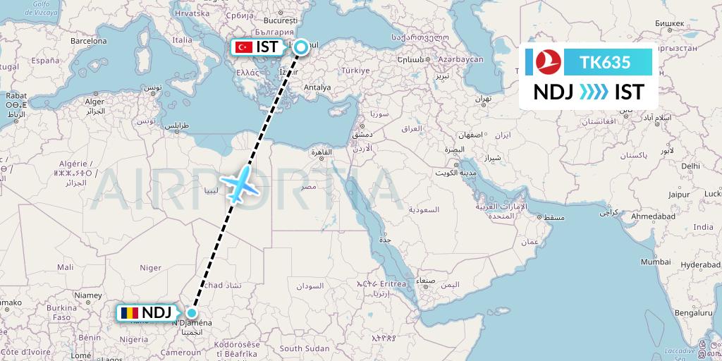 TK635 Turkish Airlines Flight Map: N'Djamena to Istanbul